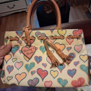 Dooney & Bourke Cream Satchel with Multicolor Heart Print